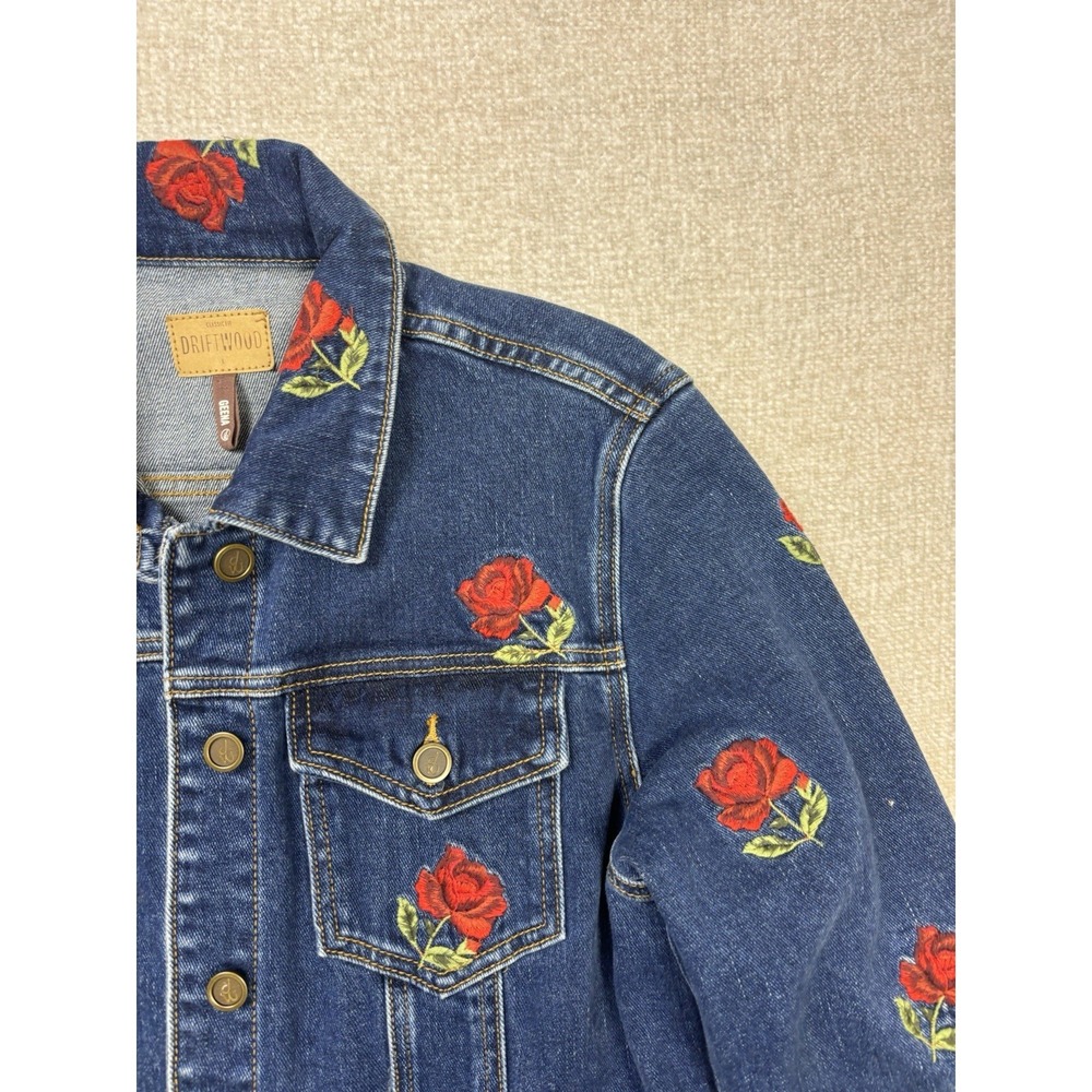 Driftwood Womens Denim Embroidered Roses Button Up Jacket Size Large/L Blue . - Picture 4 of 9